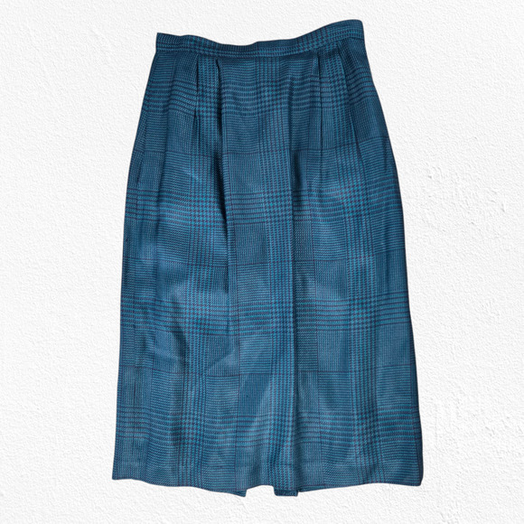 80s Vintage Green Navy Houndstooth Plaid Retro Workwear Power Skirt Suit Size 4 - Picture 11 of 16